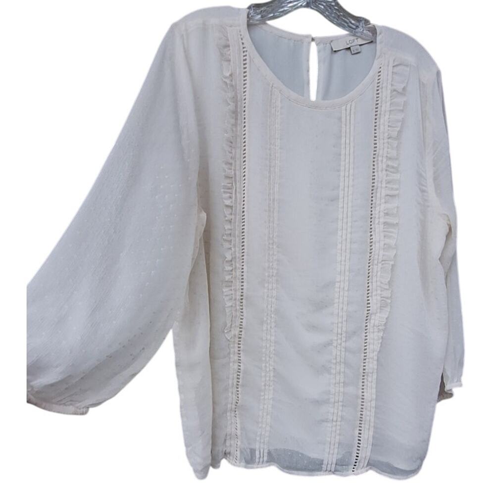 LOFT Chiffon Semi Sheer Balloon Sleeves Ruffle Blouse Top Polka Dots Cream XL